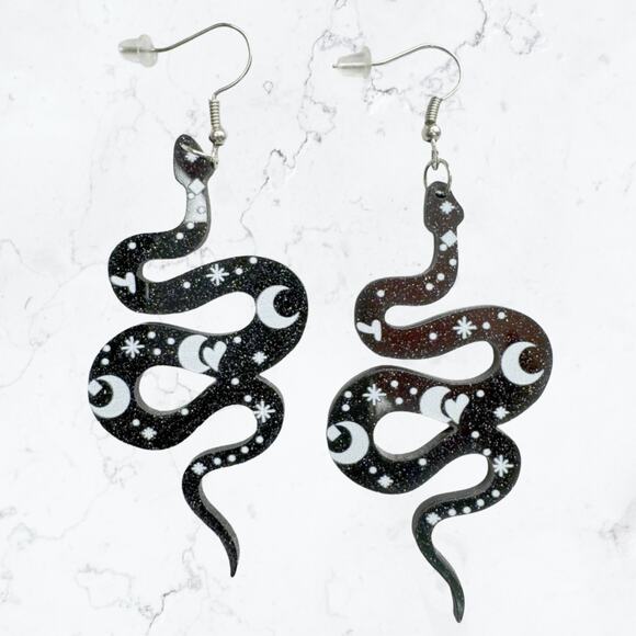Black Celestial Snake Lightweight Dangle Slytherin‎ Serpent Earrings Horoscope - Picture 1 of 2